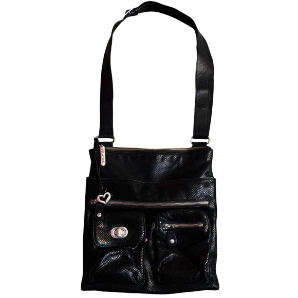 VTG Brighton Black Leather Snakeskin Embossed Crossbody Bag Multi Pocket Purse - Picture 1 of 16